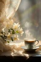 gemütlich hell Foto. ein Tasse von Kaffee durch das Fenster, Blumen foto