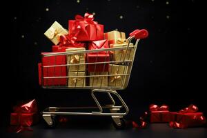 Geschenk Kisten im ein Einkaufen Wagen auf ein schwarz Hintergrund. Einkaufen, schwarz Freitag, Neu Jahr, Weihnachten foto
