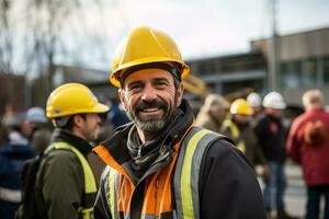 Erwachsene lächelnd Baumeister im Gelb schwer Hut auf das Straße foto