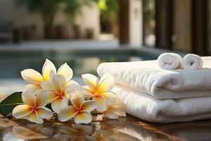 schließen oben von Frangipani Blumen und Neu sauber Weiß Handtücher durch das Schwimmbad foto