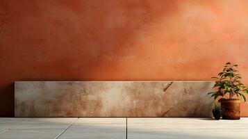 Innere von Terrakotta Beton Mauer im minimalistisch Stil mit eingetopft Pflanze auf das richtig Seite foto