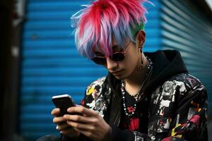 jung japanisch Punk Kerl mit asymmetrisch Rosa Blau Haarschnitt tragen schwarz Sonnenbrille sieht aus beim Smartphone auf das Straße auf Blau Mauer Hintergrund foto