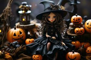 süß Hexe Puppe unter Halloween Kürbis Laternen und Verbrennung Kerzen. Halloween Urlaub Konzept. foto