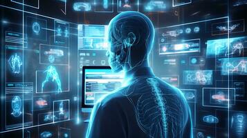 futuristisch medizinisch Technologie Forschung Wissenschaftler diagnostizieren ein geduldig foto
