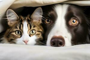 Nahansicht Porträt von ein Katze und ein Hund Lügen auf ein Bett unter ein Decke foto