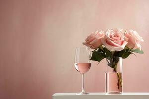 Rose Wein im ein Glas Nächster zu Rosa Rosen im ein transparent Vase auf ein Pastell- Rosa Hintergrund. foto