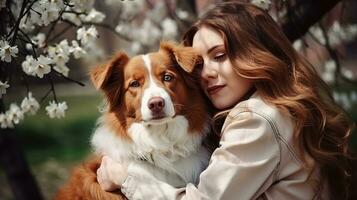 charmant Brünette Frau mit wellig Haar umarmen ihr süß Hund unter ein Baum Blühen mit Weiß Blumen im ein Park, generativ ai foto