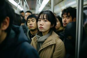 asiatisch besorgt traurig Frau im überfüllt U-Bahn Zug unter Menge von Menschen foto