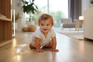 süß blond blauäugig Baby im Weiß Kleider kriecht auf das Fußboden im ein Licht modern Leben Zimmer Innere foto