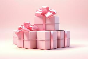 Bündel von Rosa Geschenkbox. Konzeption von die Geschenke und Verkauf Banner foto