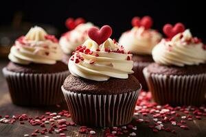 Nahansicht köstlich Schokolade Muffin mit Weiß Sahne und rot Herz foto