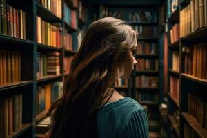 jung Frau mit lange Haar im das Bibliothek unter das Bücherregale Aussicht von das zurück, generativ ai foto