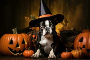 süß wenig Boston Terrier Hündchen tragen ein Hexe Hut sitzt im ein Stapel von Halloween Kürbis Laternen foto