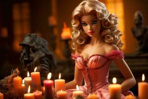 Puppe mit blond Haar im ein schön Rosa Kleid unter zündete Kerzen foto
