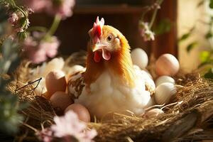 Nahansicht von ein Henne im ein Hähnchen coop Schraffur Eier auf Stroh foto