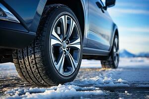 Seite Aussicht von ein Blau Auto mit ein Winter Reifen auf ein schneebedeckt Straße im sonnig Winter Tag foto