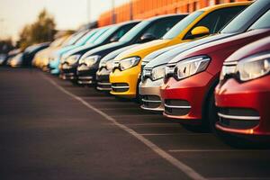 viele bunt Autos Stehen im ein Reihe im das Parkplatz Menge von das Händler foto