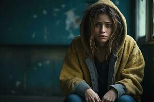 jung deprimiert Teenager Frau im ein Kapuzenpullover im ein schwierig Leben Situation im das Eingang von Sozial Gehäuse foto