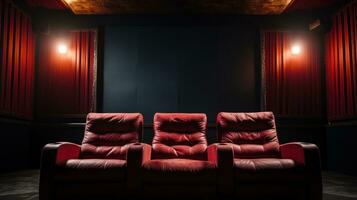 rot Samt Kino Sitze mit leer Bildschirm foto