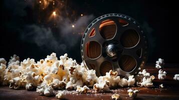 Film Spule und Popcorn auf rustikal Hintergrund foto