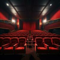 rot Samt Kino Sitze mit leer Bildschirm foto