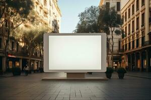 groß Weiß leeren Werbung Bildschirm auf ein groß Fußgänger Straße. spotten oben oder Copyspace foto