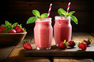 zwei Brille von köstlich Erdbeere Smoothie auf ein Schneiden Tafel unter Erdbeeren foto