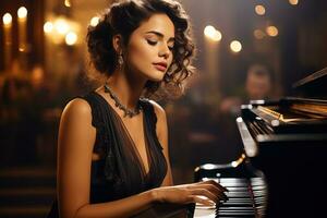 jung charmant und attraktiv Frau spielen das Klavier im ein Restaurant foto