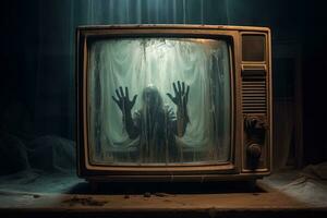 ein alt Fernsehen bedeckt im Spinnweben, Innerhalb das Bildschirm von welche ein unheimlich Schatten erhöht es ist Hände. Halloween Grusel Konzept foto