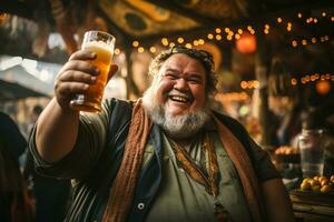 Porträt von ein Fett lächelnd grau bärtig Mann erziehen ein Glas von kalt Bier beim ein Bar foto