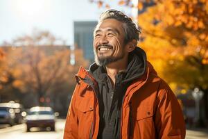 ein Mitte alt asiatisch Mann mit ein grau Bart tragen ein Orange Jacke lächelt auf ein Herbst sonnig Stadt Straße. foto