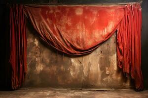 zerrissen schmutzig rot Theater Vorhang gegen das Hintergrund von ein braun Mauer mit Risse auf Es. lange Zeit verlassen Szene foto