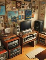 90er Jahre Kinder Zimmer mit ziemlich alt Ausrüstung. viele Sammlerstücke und Plakate vertreten Lebensstile. foto