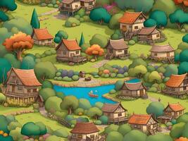 Karikatur Landschaft mit ein Dorf im das Berge foto