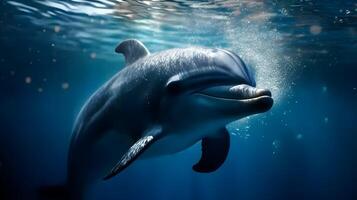 Delfin Fisch Schwimmen unter das Blau Wasser Oberfläche. ai generiert. foto