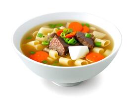 Schüssel von köstlich Chinesisch Suppe mit Gemüse und Fleisch auf Weiß Hintergrund foto