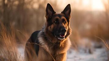 braun schwarz alt Deutsche Schäfer Hund Stand, starren und aussehen beim etwas nach spielen im das Natur, schneebedeckt Eis im seine Gesicht. ai generiert foto