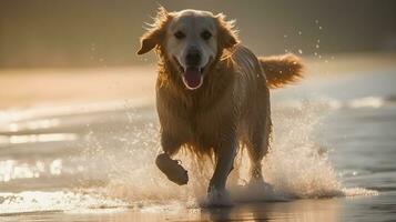 schön blond golden Retriever Hund Gehen Laufen und spielen beim das Strand Ufer. ai generiert foto