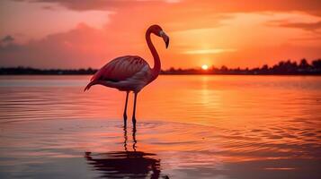 Silhouette von rot amerikanisch Flamingo Vögel im das Wasser und Betrachtung im das Abend Sonnenuntergang im ein groß See. ai generiert. foto