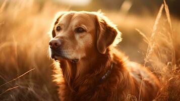 schließen oben schön blond golden Retriever Hund erkunden Gehen und Stehen im das Mitte von das Wiese, Natur Hintergrund. ai generiert foto