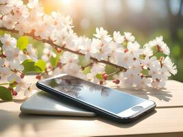 Clever Telefon mit Grün Bildschirm auf Natur Hintergrund. foto