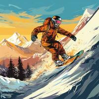 Snowboarden. spannend springt und Tricks im schneebedeckt Terrain foto