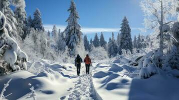 Schneeschuhwandern. friedlich Spaziergänge durch schneebedeckt Landschaften foto