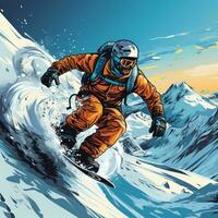 Snowboarden. spannend springt und Tricks im schneebedeckt Terrain foto