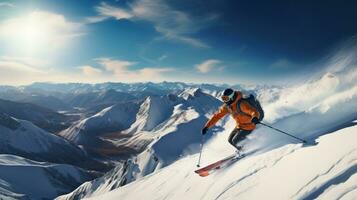 Skifahren. anmutig gleitet Nieder schneebedeckt Berge foto