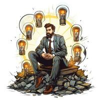 Unternehmer mit die Glühbirne und Geld Symbole foto
