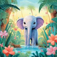 süß Elefant im das tropisch Dschungel, zum Märchenbuch, Kinder Buch, Poster, Geburtstag Element, Einladung Karte usw. foto