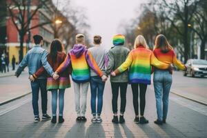 Rückseite Aussicht auf echt vielfältig Menschen Gehen von hinter mit Regenbogen Flaggen und Luftballons beim Stolz Parade März im das Straße. Flagge wie Symbol von lgbt Gemeinschaft generativ ai foto