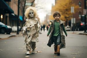 zwei Kinder gekleidet im Halloween Kostüme Gehen Nieder das Straßen während Süßes oder Saures ai generiert foto