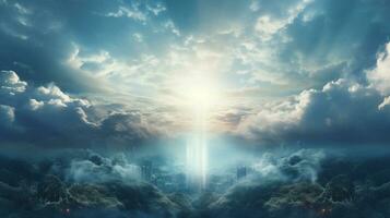 glühend Kreuz auf schön Himmel Hintergrund generativ ai foto